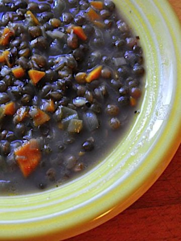 A bowl of pressure cooker French Lentils (Lentils du Puy)