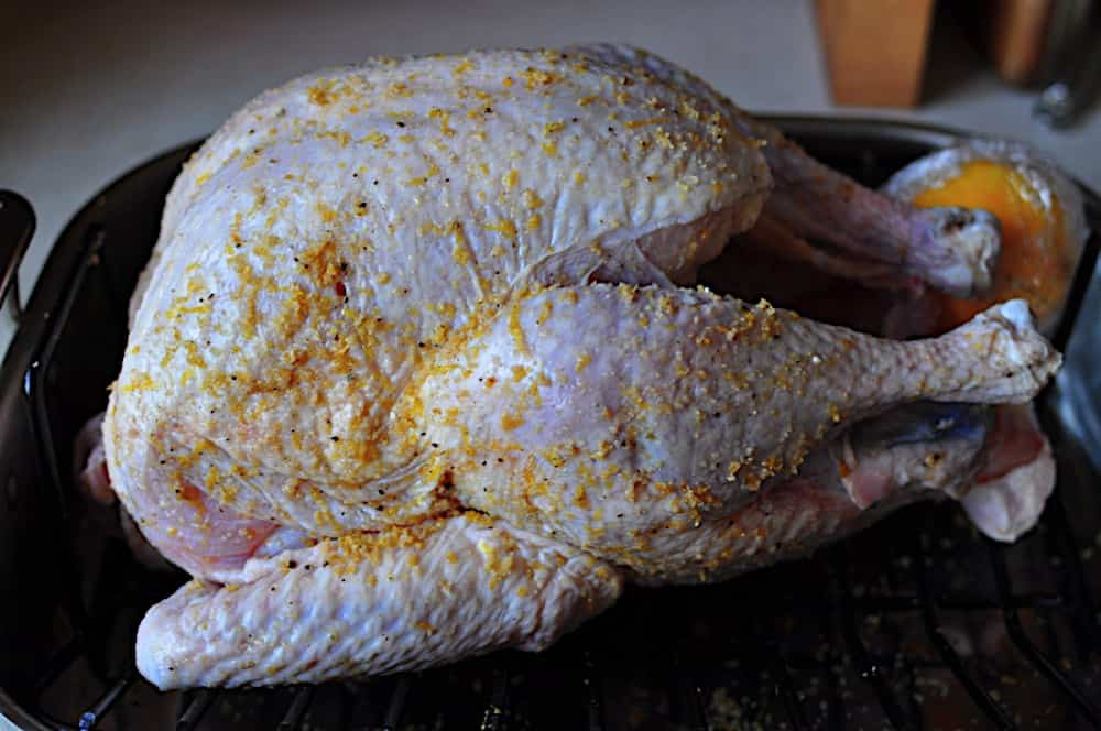 Turkey rubbed with dry brine, ready to go in the refrigerator