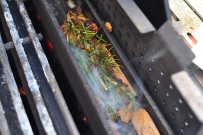 Smoking wood and rosemary in the smoker box