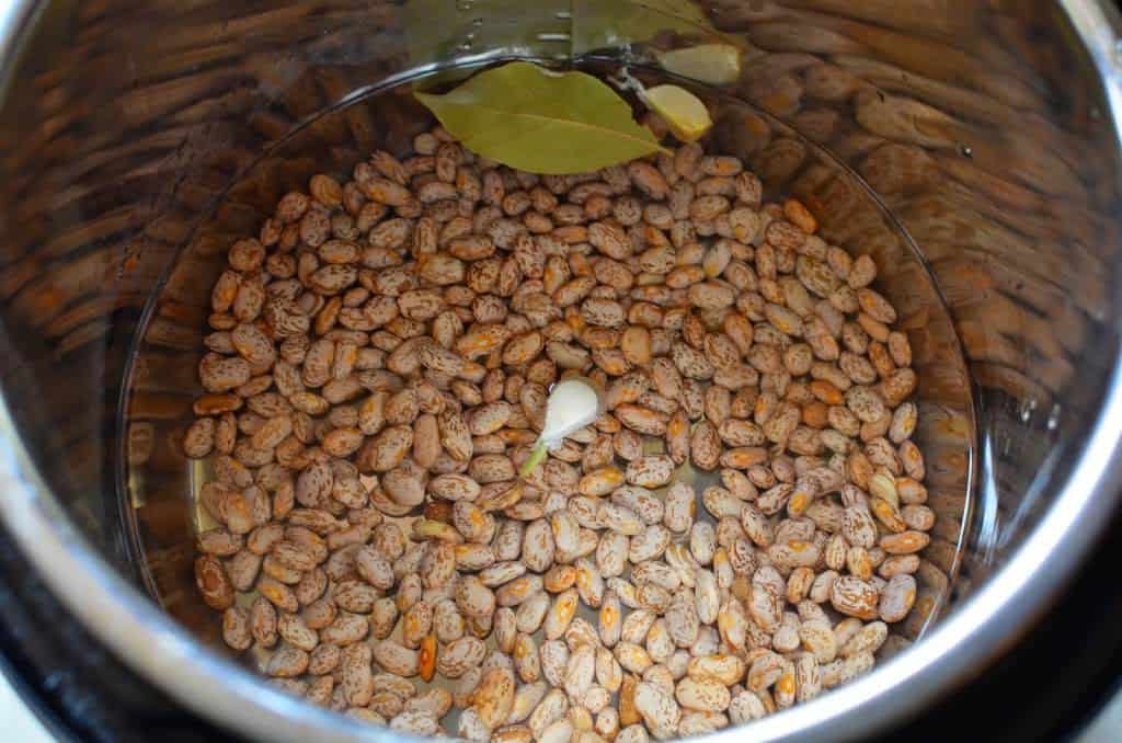 An Instant Pot with pinto beans, water, garlic cloves, and bay leaves ready to cook