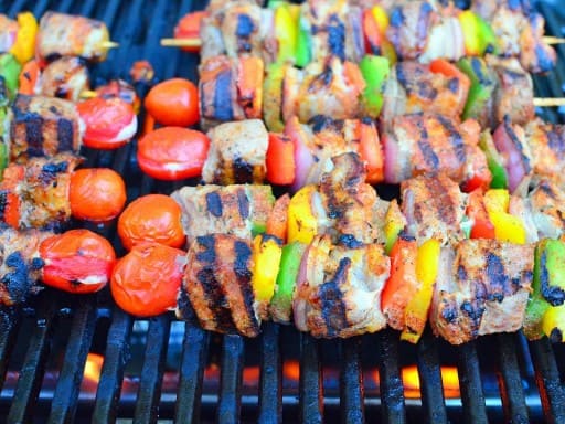 Grilled Pork Shoulder Kebabs with Peppers, Onions, and Spice Rub| DadCooksDinner.com