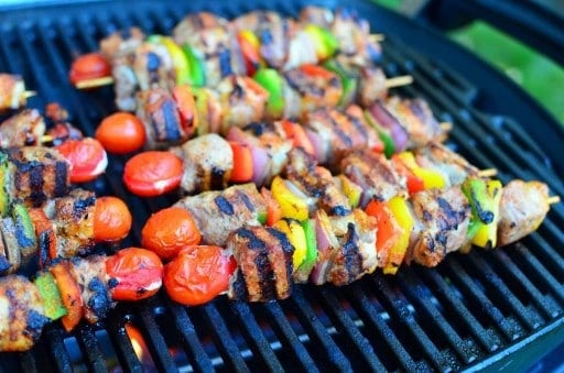 Grilled Pork Shoulder Kebabs with Peppers, Onions, and Spice Rub| DadCooksDinner.com