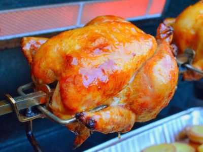 Rotisserie Chicken with Knob Creek Maple Glaze and Drip Pan Potatoes