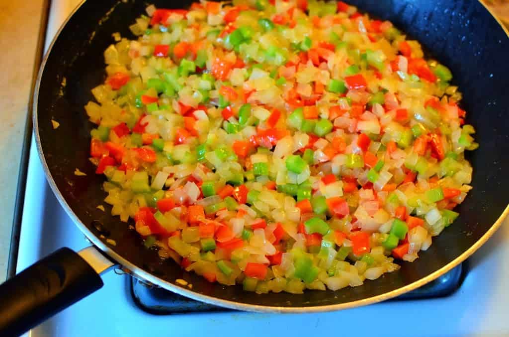 Sautéing onions, celery, and peppers