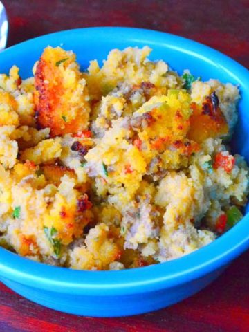 A bowl of cornbread dressing