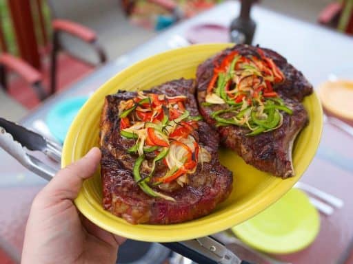 Cedar Plank Grilled Ribeye with Peppers and Onions | DadCooksDinner.com