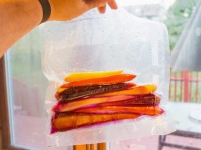 Vacuum sealed bag of carrots cooked sous vide