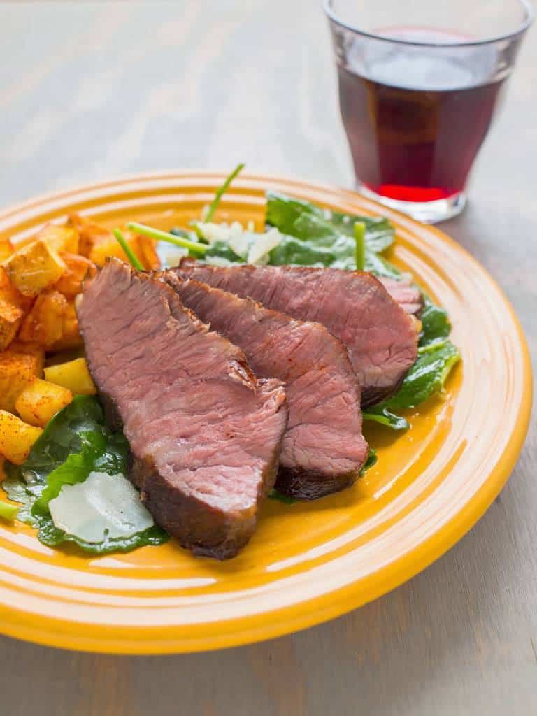 Slices of flat iron steak cooked medium