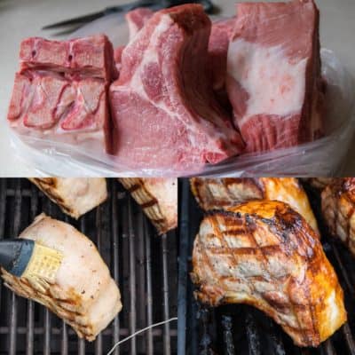 Double cut pork chops collage - raw chops on top, basting on the grill on the bottom left, grilled on the bottom right | DadCooksDinner.com 