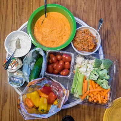 Bagged veggies and dips - dinner's up.