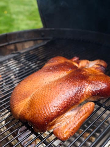 Browned duck on a grill, with coals behind it