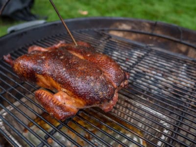 Duck on grill with thermometer probe stuck in it, and coals in the background