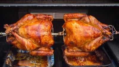 Two Turkeys, One Spit