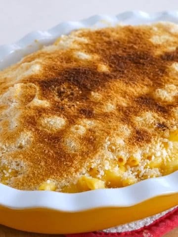 A oval platter of macaroni and cheese