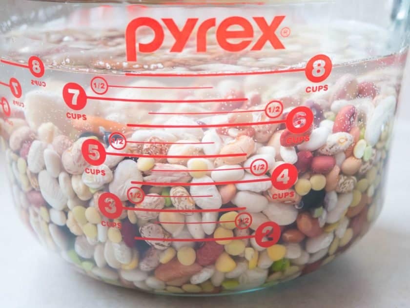 A 2 quart measuring cup full of mixed beans.