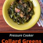 Overhead picture of collard greens with bacon in a yellow bowl with recipe title below