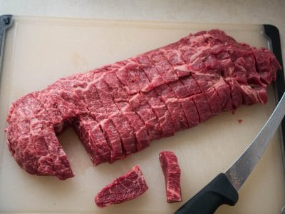 Slicing up the flat iron steak