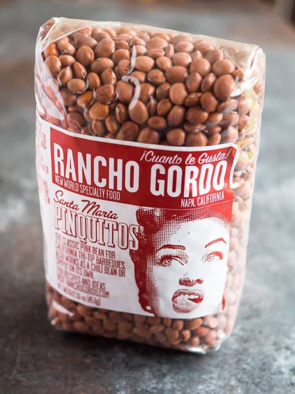 A bag of dry Rancho Gordo Pinquito Beans