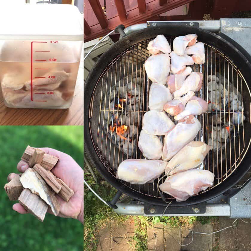 Grill Smoked Cut Up Chicken Collage - Brining the chicken, a fistfull of wood, and chicken over indirect heat | DadCooksDinner.com