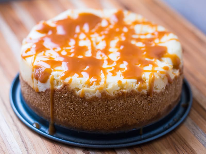 Pressure Cooker Salted Caramel Cheesecake | DadCooksDinner.com