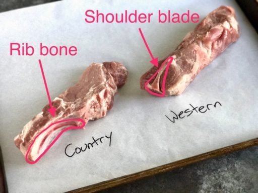 Country rib bone vs Western rib bone with markup showing the bones | DadCooksDinner.com