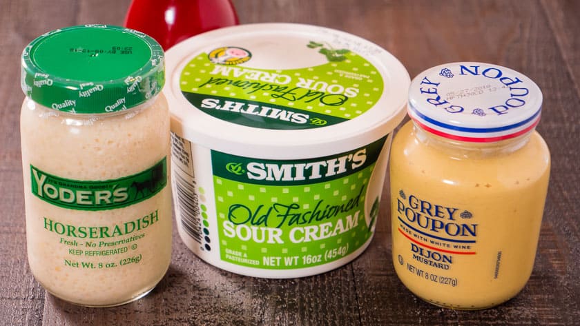 Ingredients: sour cream, prepared horseradish, dijon mustard, fresh ground black pepper