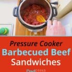 Pressure Cooker Barbecued Beef Sandwiches - Tower of process steps. Cut the beef into cubes, sprinkle with BBQ rub, top with BBQ sauce, shred with forks, serve
