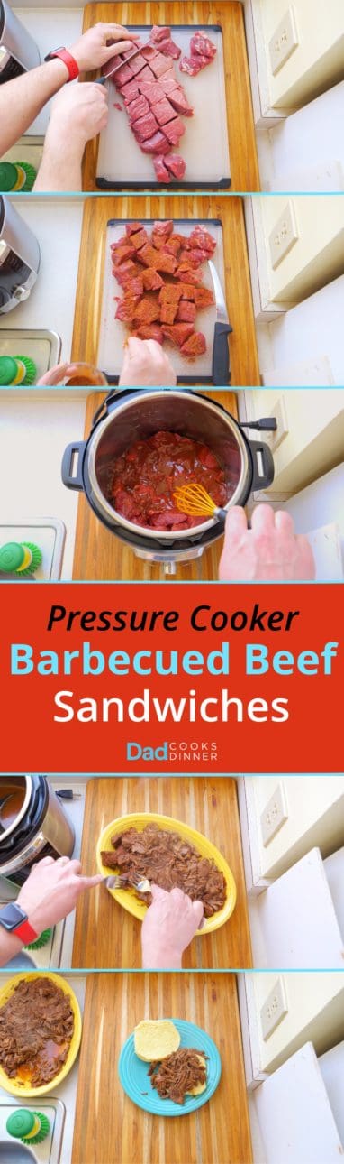 Pressure Cooker Barbecued Beef Sandwiches - Tower of process steps. Cut the beef into cubes, sprinkle with BBQ rub, top with BBQ sauce, shred with forks, serve