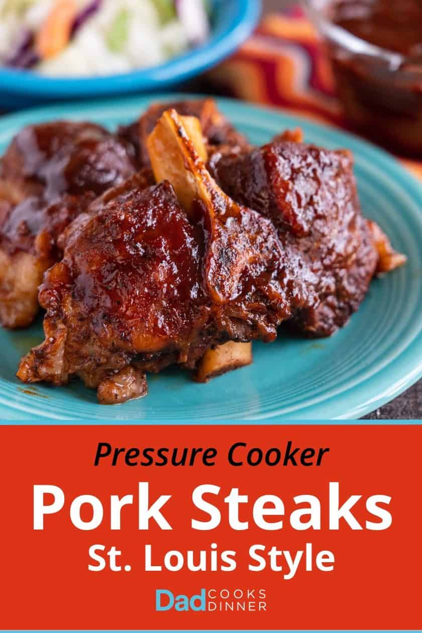 BBQ Pork Steaks on a plate with a text description below them