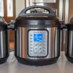 Lineup of Instant Pots. 6-Quart Duo Plus, 8-Quart Duo Plus, 6-Quart Ultra on a kitchen island