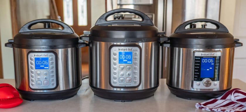 Lineup of Instant Pots. 6-Quart Duo Plus, 8-Quart Duo Plus, 6-Quart Ultra on a kitchen island