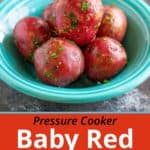 A bowl of cooked baby red potatoes sprinkled with parsley, with the recipe name in print below it