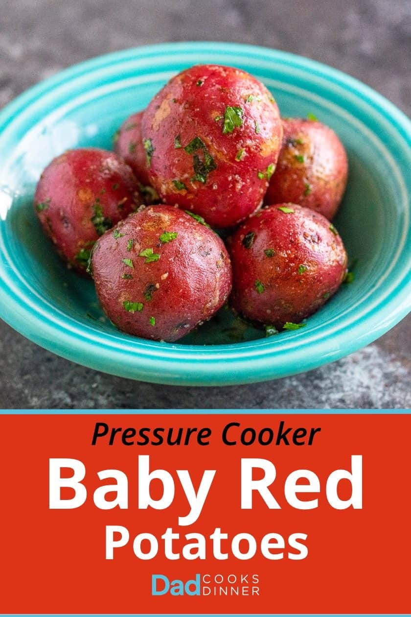 A bowl of cooked baby potatoes sprinkled with parsley, with the recipe name in print below it