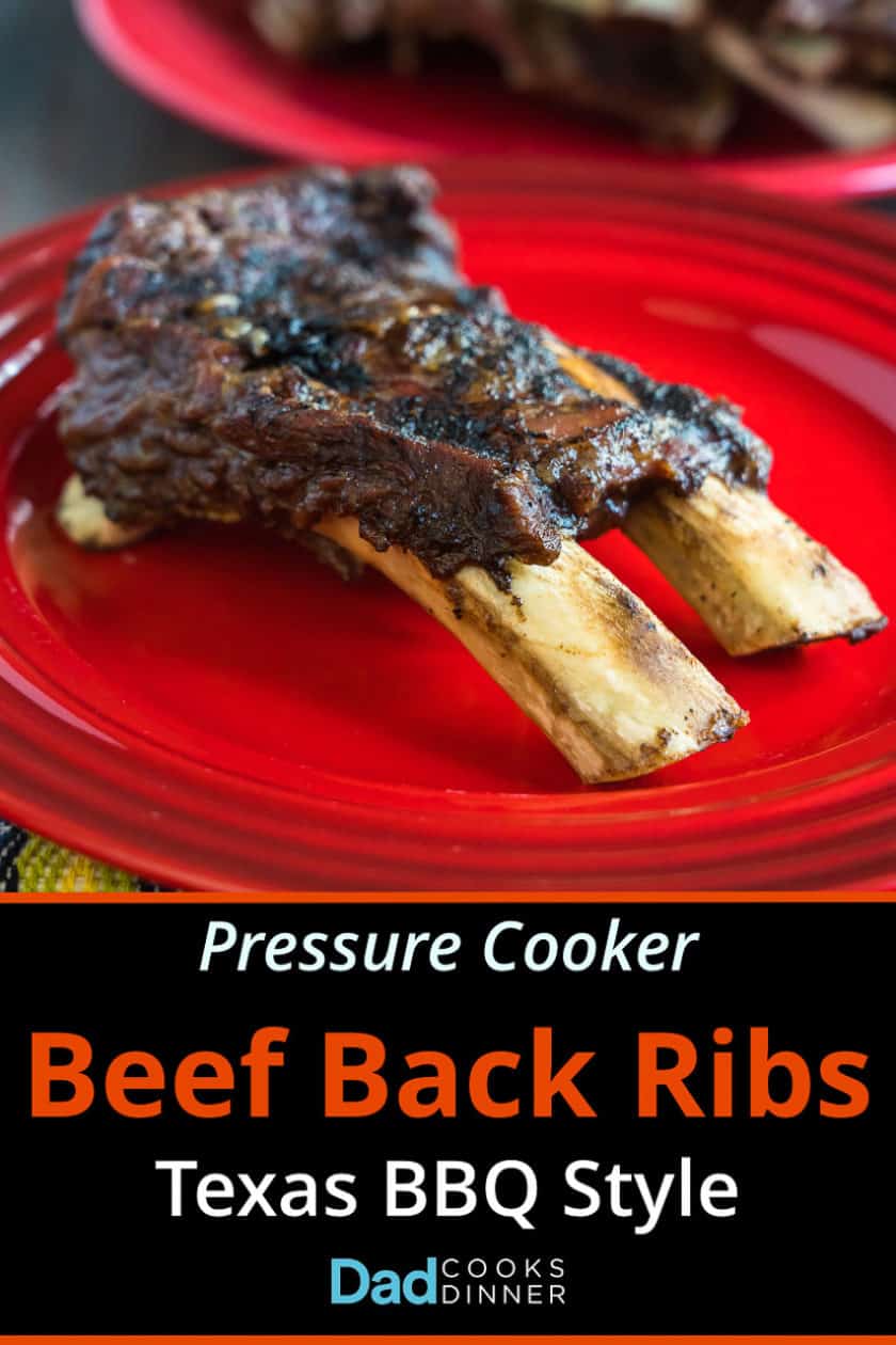 A two-bone slab of beef back ribs on a red plate, with text below describing the recipe