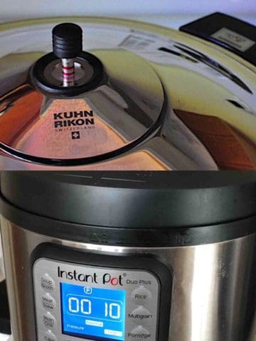 Collage with picture of a kuhn rikon pressure cooker on top and an Instant Pot Duo on the bottom