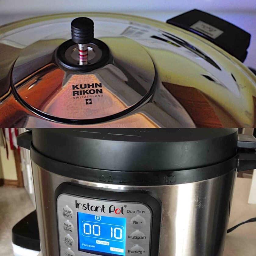 Collage with picture of a kuhn rikon pressure cooker on top and an Instant Pot Duo on the bottom