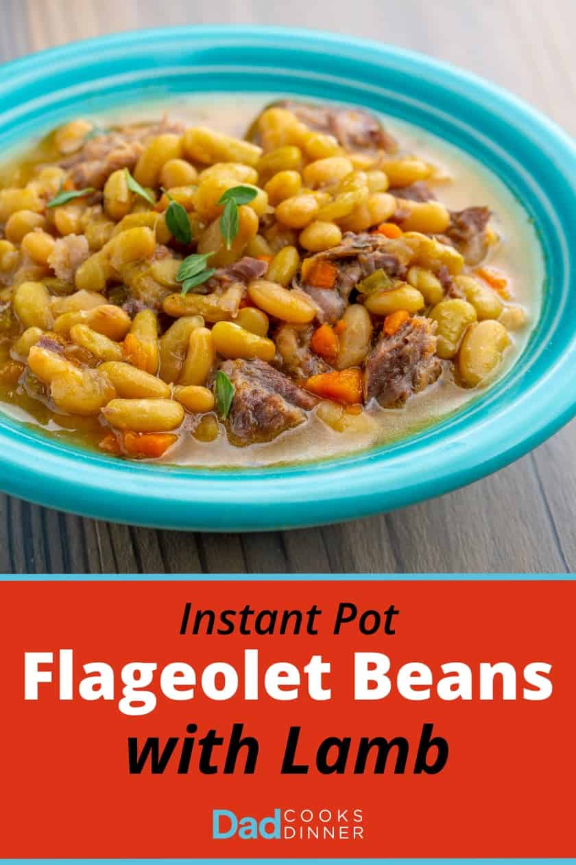 A teal colored bowl of cooked flageolet bean stew with chunks of lamb and carrot, sprinkled with thyme, and the text "Instant Pot Flageolet Beans with Lamb" below it