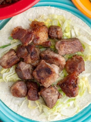 A pile of pork carnitas on shredded lettuce, piled on a tortilla, on an aqua plate