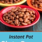 Three bowls of cooked pinto beans on a tabletop, with text below saying "Instant Pot Pinto Beans | DadCooksDinner"