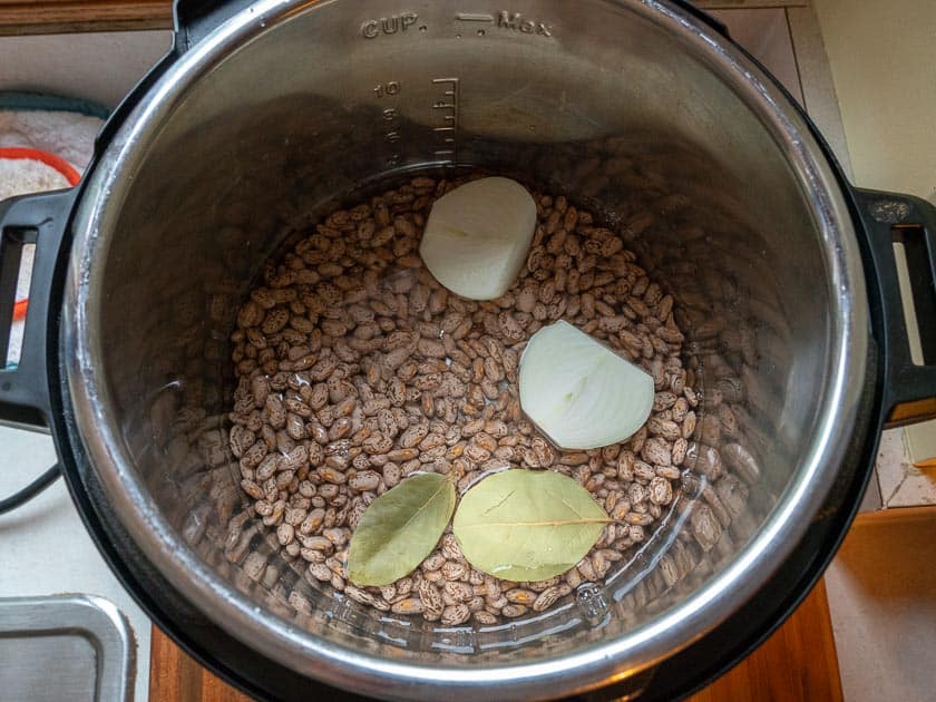 Overhead view of an Instant Pot full of uncooked pinto beans covered with water, and an onion and bay leaves floating in the water