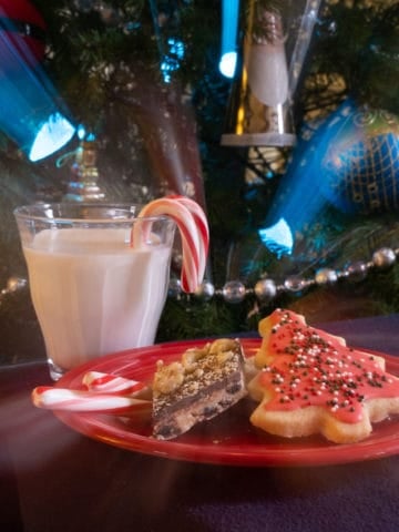 A plate of cookies and a glass with candy canes in front of a Christmas tree with streaky lights