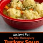 A red bowl of Turkey Soup with Mashed Potato Dumplings on a white background