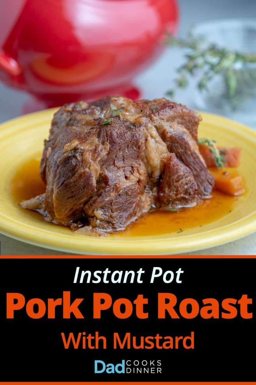 Pork pot roast and juices on a yellow plate, sprinkled with thyme, with a red gravy boat and a few sprigs of thyme in the background