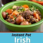 A green bowl full of beef stew with potatoes, carrots and barley; sprinkled with parsley and thyme leaves, with a glass of stout and a bowl of thyme in the background