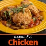 Chicken thighs, sprinkled with basil, on a bed of cooked vegetables and cooking liquid, on a yellow plate, with a bowl of basil in the background.