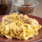 A plate of fettuccine alfredo, sprinkled with red pepper flakes