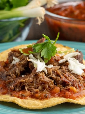 A tostada covered with salsa and crisped shredded pork, sprinkled with sliced cabbage and topped with a piece of cilantro, with green onions and salsa visible in the background