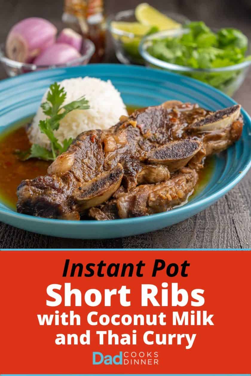 Short ribs with coconut curry sauce in a teal bowl with rice, and bowls of cilantro, shallots, limes, and curry paste in the background