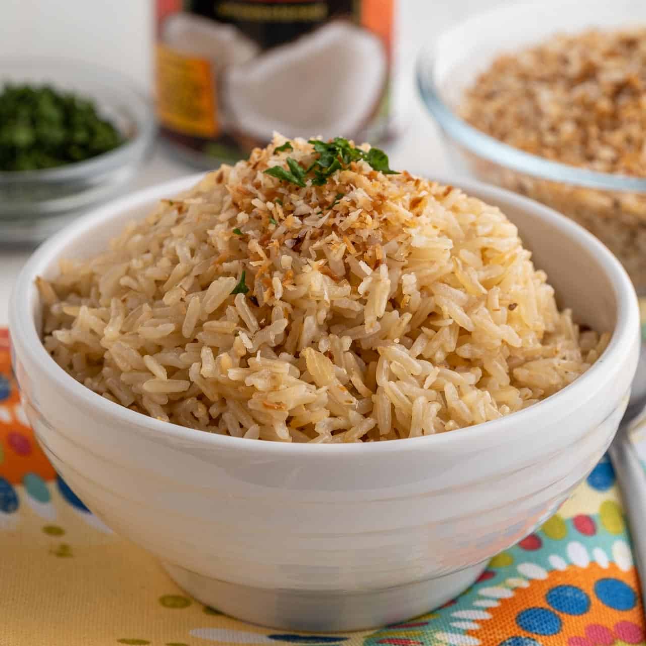 A bowl of brown coconut rice, sprinkled with toasted coconut flakes and a little minced cilantro