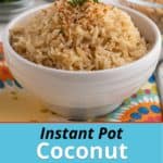 A bowl of brown coconut rice, sprinkled with toasted coconut flakes and a little minced cilantro